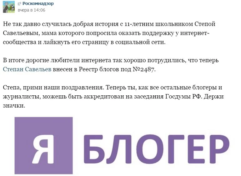 Школьника Степана официально приравняли к СМИ  - фото 1