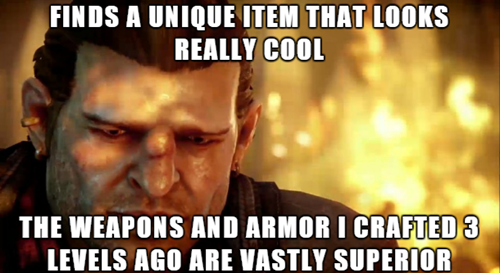 Нашел уникальный предмет, который выглядит круто, но оружие и броня, которую скрафтил 3 уровня назад, намного лучше.