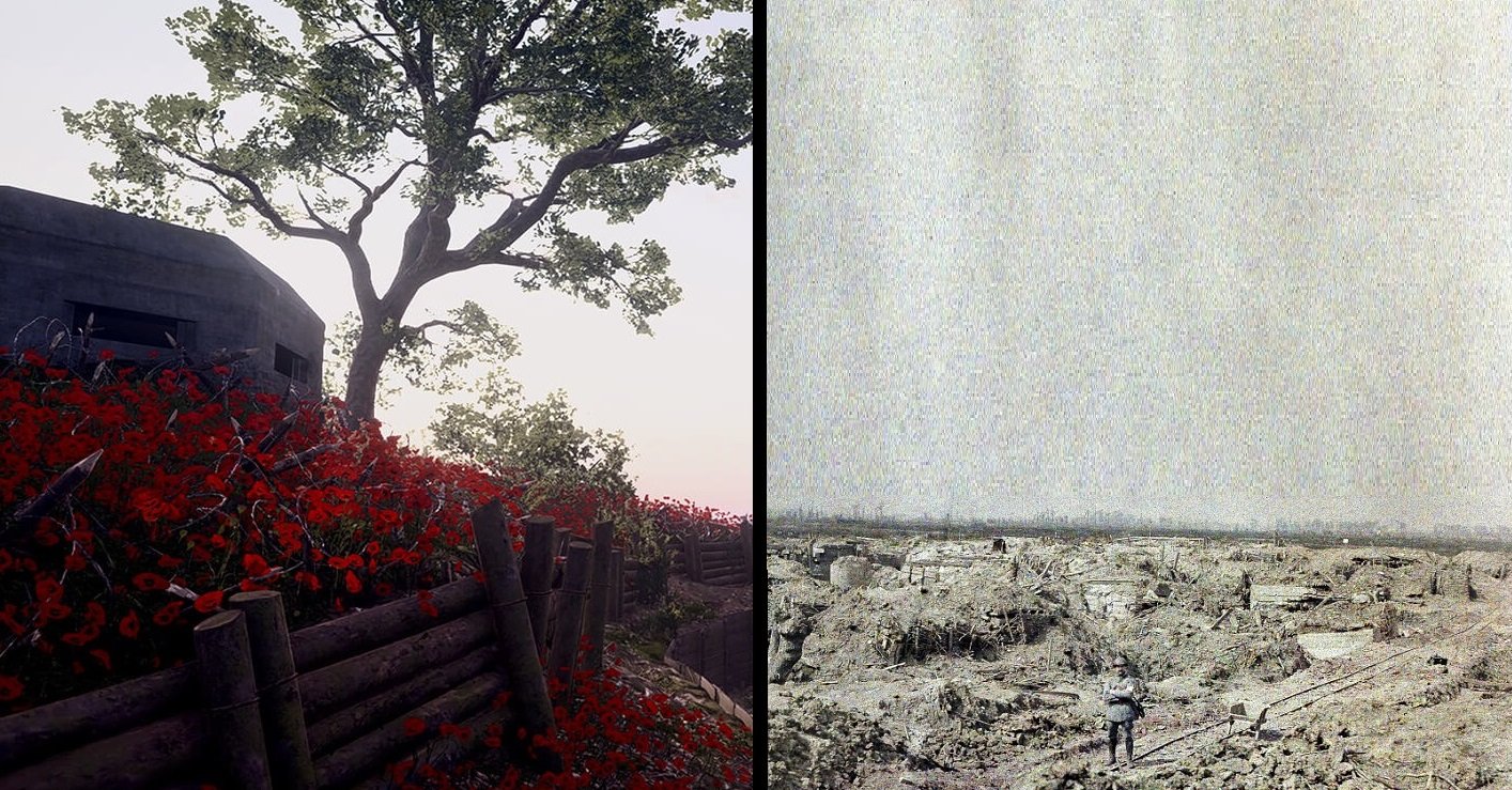 С новым дополнением в Battlefield 1 появилось несколько карт для сетевой игры, новая техника и целая французская армия. Мы сравнили арты и скриншоты из игры со старыми архивными фото — у DICE получилось удивительно похоже воспроизвести реальные пейзажи. Разве что выглядит все круче и кинематографичнее.