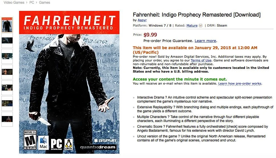 Fahrenheit: Indigo Prophecy Remastered — 29 января, $9.99, полная режиссерская версия - фото 1
