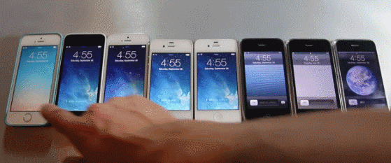 Слева направо: iPhone 5S, 5C, 5, 4S, 4, 3GS, 3G, 2G