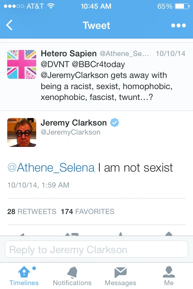 — Как Кларксона не уволят за то, что он такой расист, сексист, гомофоб, ксенофоб, фашист и говнюк?

— Я не сексист