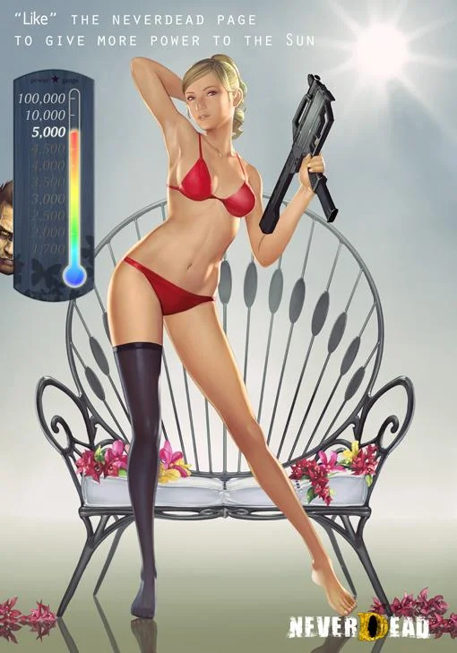 Компания Konami еще летом придумала забавную акцию для продвижения своей новой игры @[NeverDead](game:6226). Смысл в том, что на официальной Facebook-страничке есть изображение с главной героиней, термометром и солнышком. Чем больше «лайков» собирает страничка, тем выше температура, и тем меньше одежды на девушке.