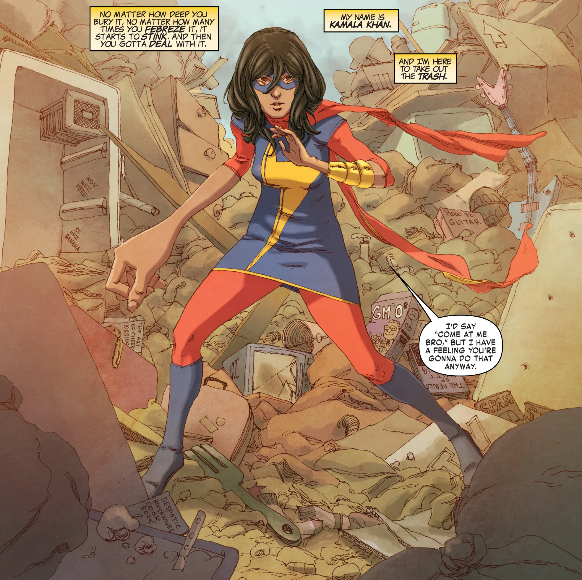 Впервые Камала Хан появилась в комиксе Captain Marvel vol 7 #14, где было лишь небольшое камео, чуть позже, в All-New Marvel NOW! Point One #1, в образе Мисс Марвел, а полноценно ее историю рассказали уже в серии Ms. Marvel vol 3.