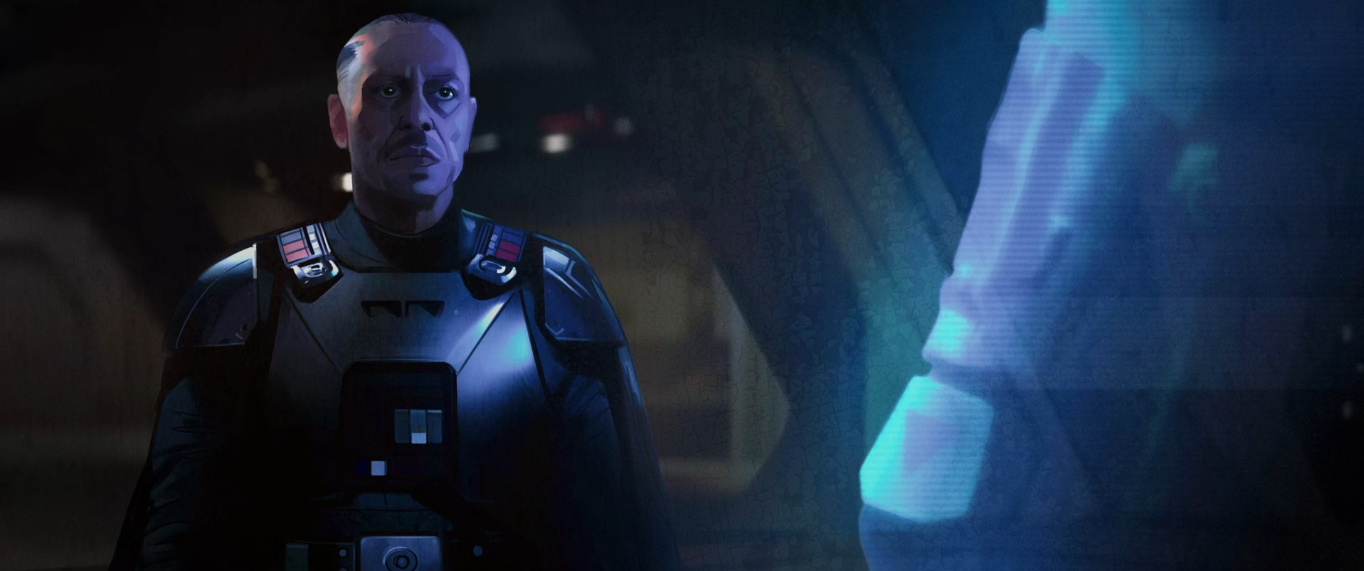 Мофф Гидеон смотрит сообщение от мандалорца