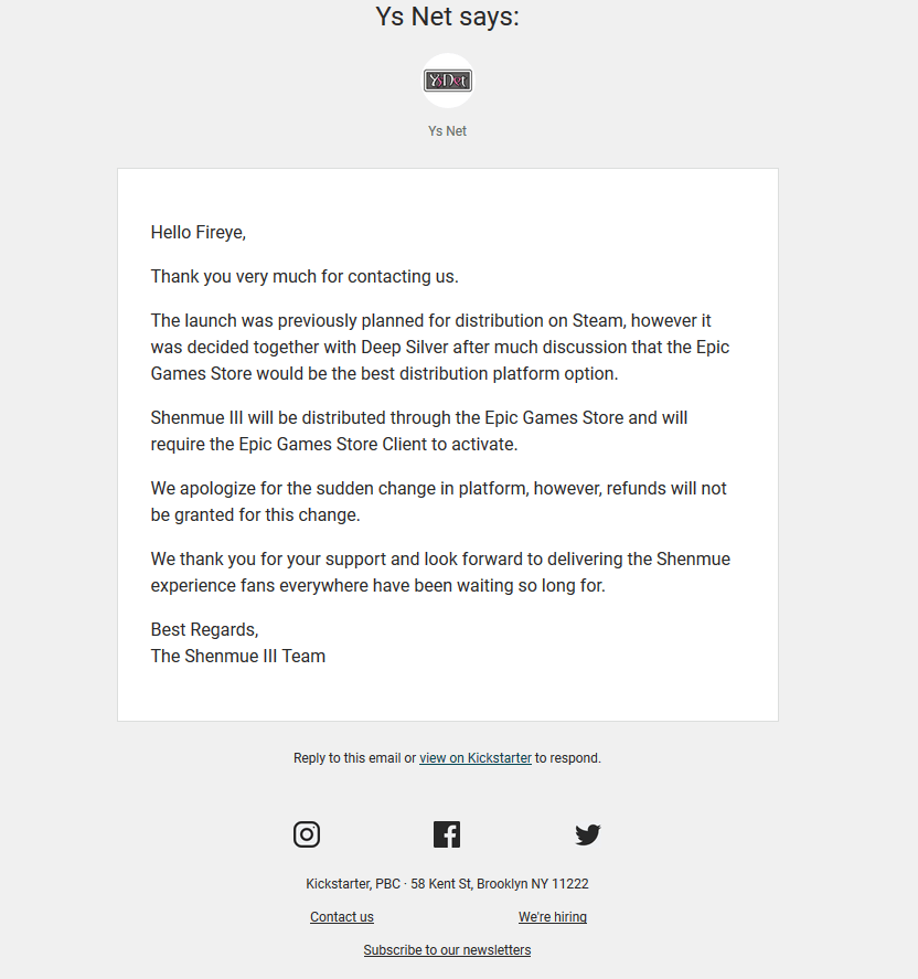 Разработчики Shenmue 3 не вернут деньги бэкерам, недовольным переходом в Epic Games Store - изображение 2 Разработчики Shenmue 3 не вернут деньги бэкерам, недовольным переходом в Epic Games Store - фото 2