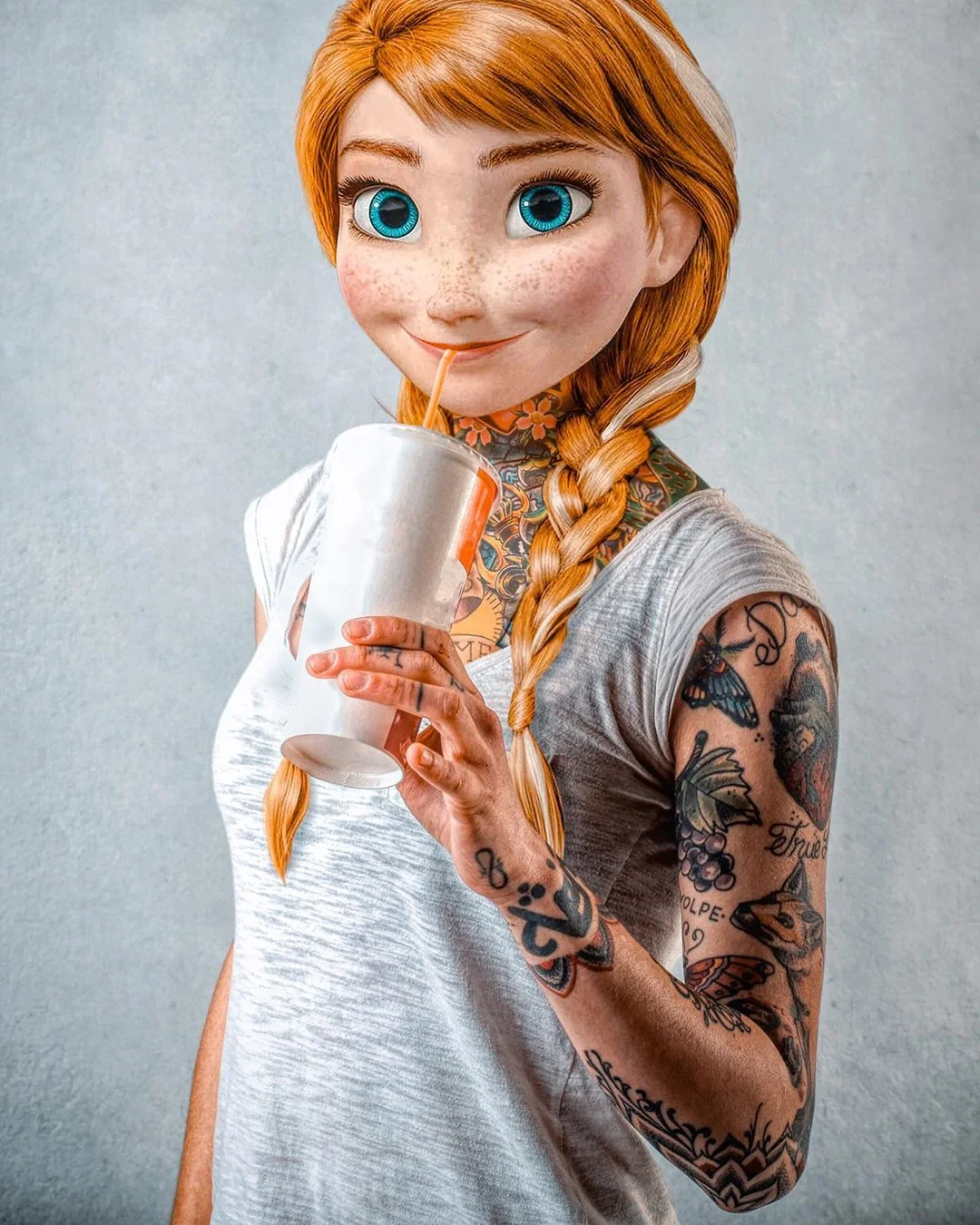 Дизайнер добавляет принцессам Disney татуировки, а супергероям еще и бороды - фото 11