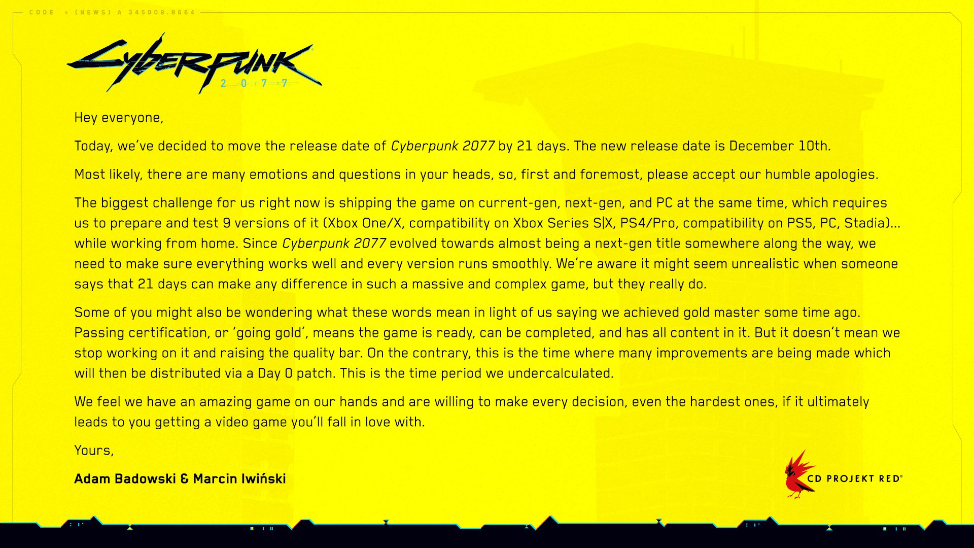 Cyberpunk 2077 снова перенесли — игра выйдет в декабре - изображение 1 Cyberpunk 2077 снова перенесли — игра выйдет в декабре - фото 1