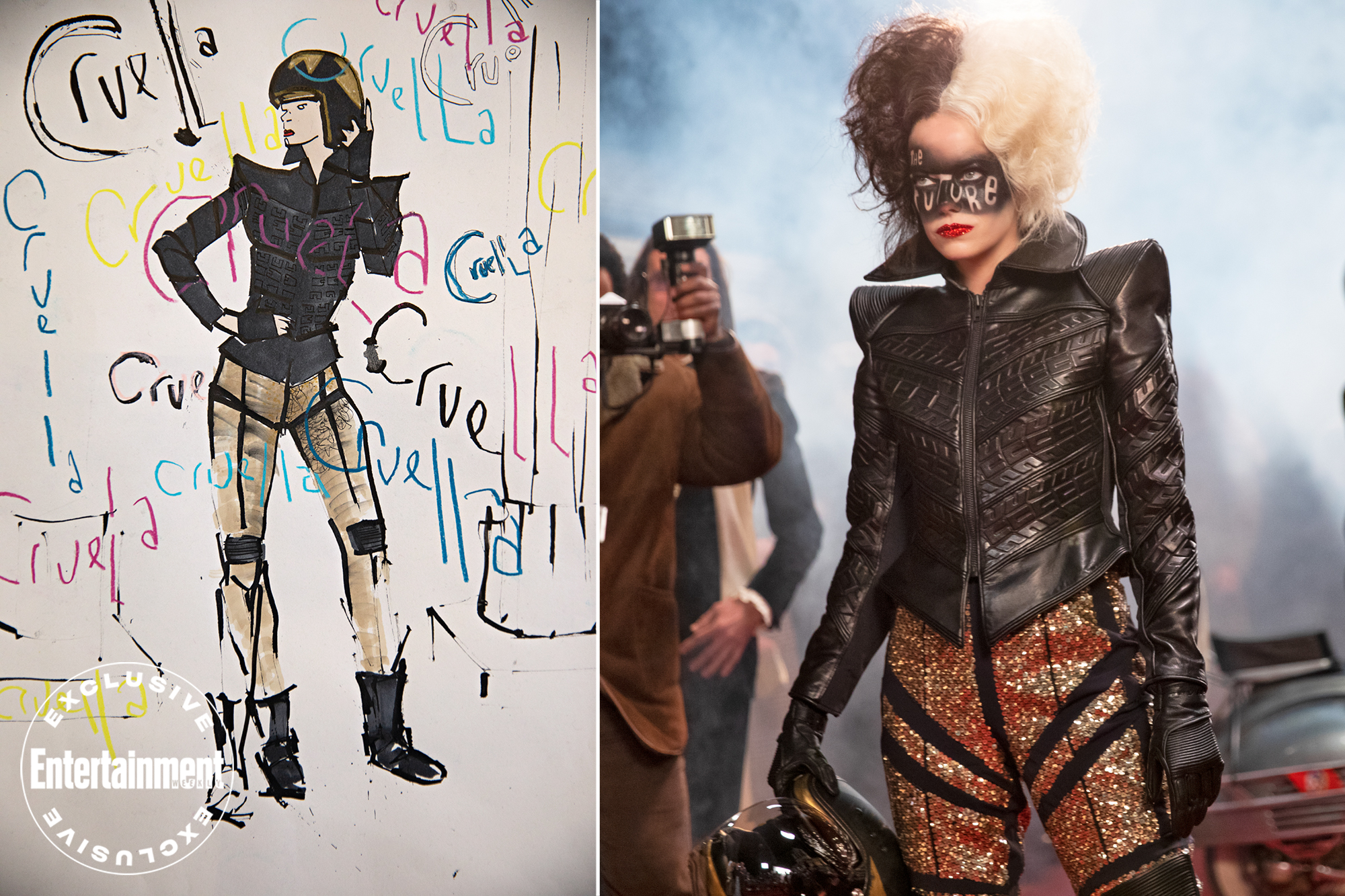 A 'Cruella' costume drawing; Emma Stone in 'Cruella'| CREDIT: DISNEY; LAURIE SPARHAM/DISNEY
Фото: Entertainment Weekly