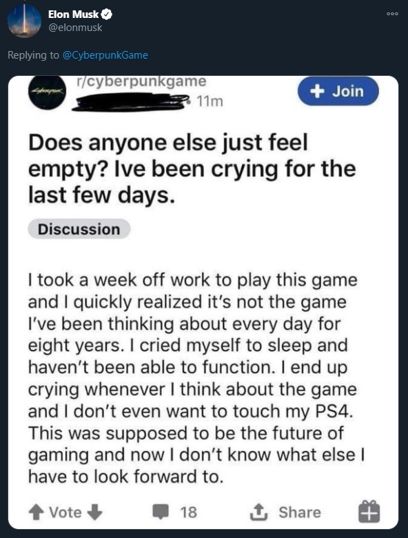 _Кто-нибудь опустошен также как я? Я плакал несколько дней. Я взял неделю отпуска, чтобы поиграть, и я быстро понял, что это не тот проект, о котором я мечтал каждый день последние восемь лет. Я засыпал в слезах и не мог нормально существовать. Я теперь плачу даже, когда думаю об этой игре, а прикасаться к PS4 у меня нет желания. Эта игра должна была стать будущим гейминга, а теперь мне просто не на что даже смотреть._