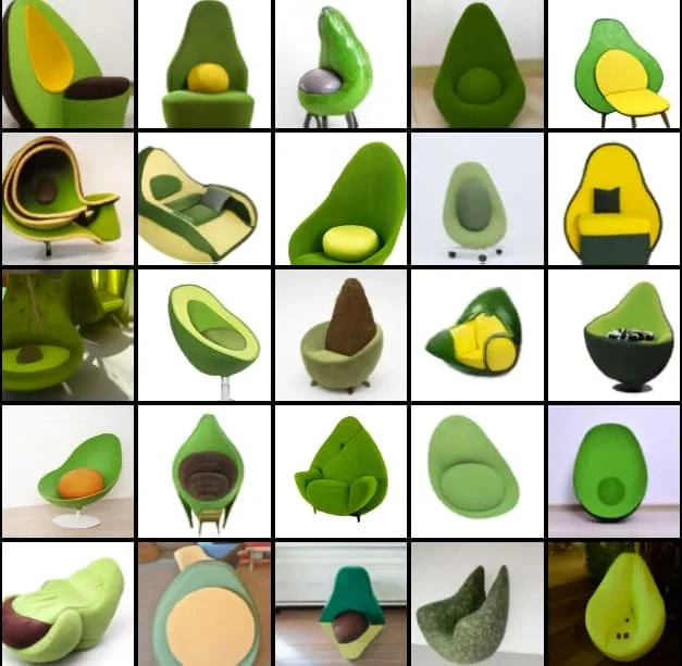 Скриншот с openai.com

Пример работы DALL-E: иллюстрации по запросу «кресло в форме авокадо»