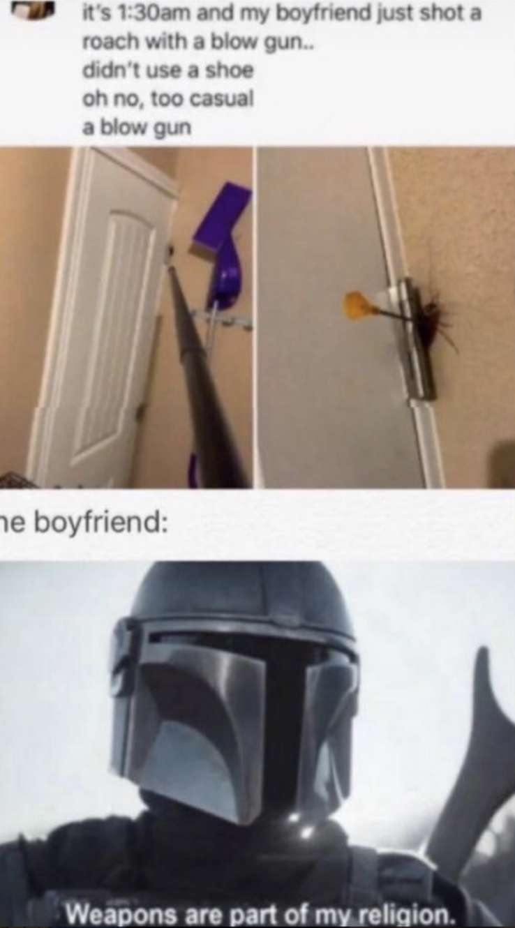 Время — 1:30 ночи. Мой бойфренд только что убил паука из духовой трубки. Нет, не с помощью швабры. Это слишком просто.
Пушки — часть моей религии