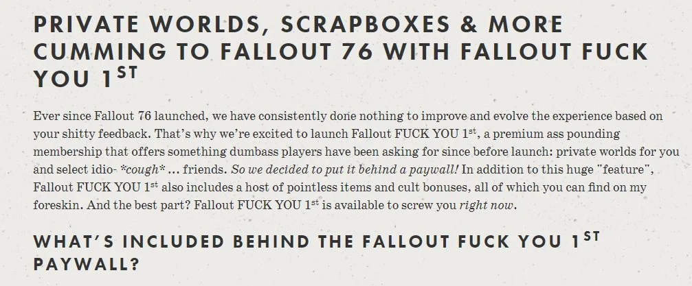 Хейтеры заняли домен подписки для Fallout 76. Теперь на сайте она называется Fallout Fuck You First - фото 1