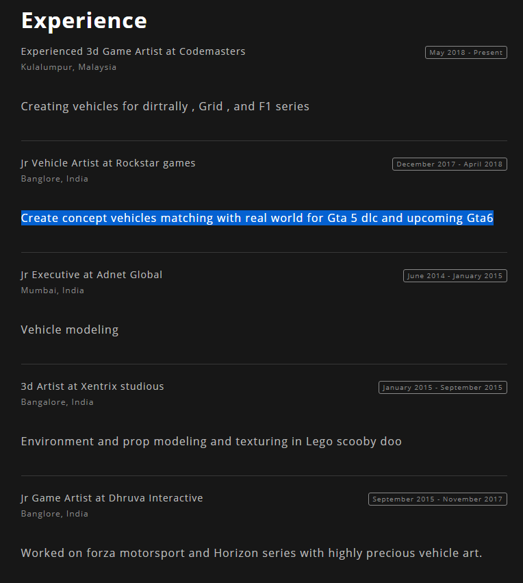 В резюме бывшего 3D-художника Rockstar нашли упоминание GTA 6 - фото 2