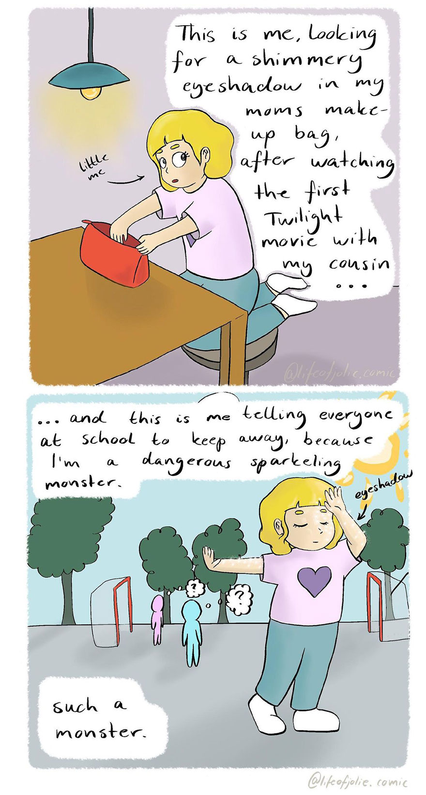 Это я ищу в маминой косметичке блестящие тени после первого просмотра «Сумерек» с моей кузиной.

А это я говорю всем в школе держаться от меня подальше, потому что опасный сияющий монстр.