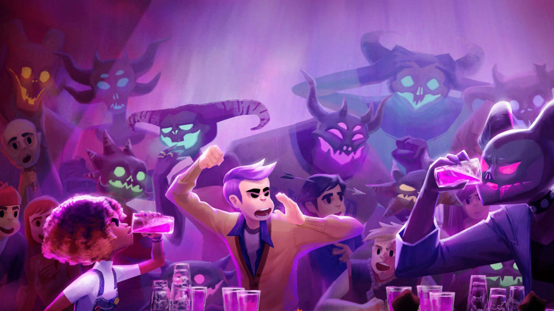 Afterparty — игра, где нужно перепить Сатану, и это все, что о ней стоит знать. По крайней мере, стоило знать мне, перед тем как начать бросать деньги в монитор и хайпить по каждому новому геймплейному трейлеру. Впрочем, сыграл еще и тот факт, что это игра Night School Studio — разработчиков Oxenfree, одного из лучших 2,5D-инди 2016 года и лучшей в условном жанре «подросткового инди». Прошлой игре студии Afterparty не уступает ни в чем.