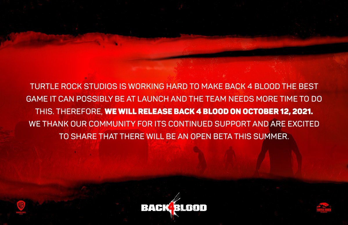 Turtle Rock Studios усердно работает, чтобы сделать Back 4 Blood лучше, насколько это возможно. Команде нужно время, чтобы сделать это. Релиз Back 4 Blood состоится 12 октября 2021 года. Мы благодарим наше сообщество за продолжающуюся поддержку и с радостью сообщаем, что летом состоится релиз открытой бета-версии игры.
Фото: Turtle Rock Studios