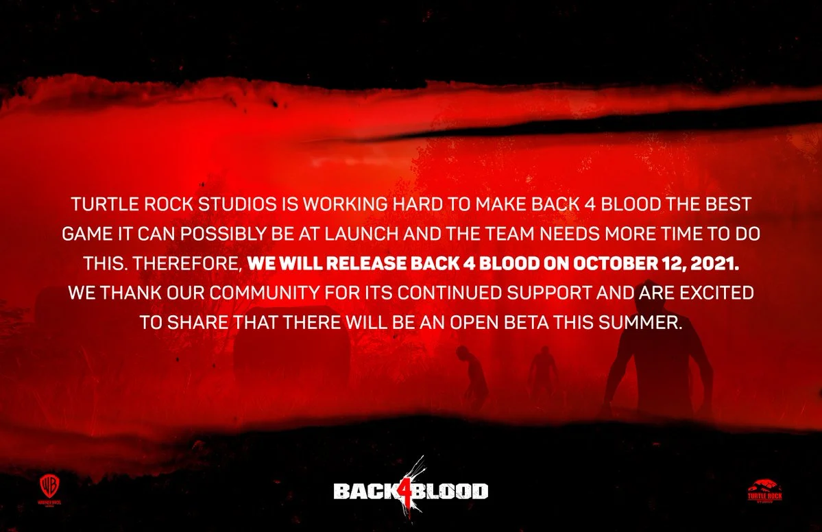 Turtle Rock Studios усердно работает, чтобы сделать Back 4 Blood лучше, насколько это возможно. Команде нужно время, чтобы сделать это. Релиз Back 4 Blood состоится 12 октября 2021 года. Мы благодарим наше сообщество за продолжающуюся поддержку и с радостью сообщаем, что летом состоится релиз открытой бета-версии игры. 

Фото: Turtle Rock Studios