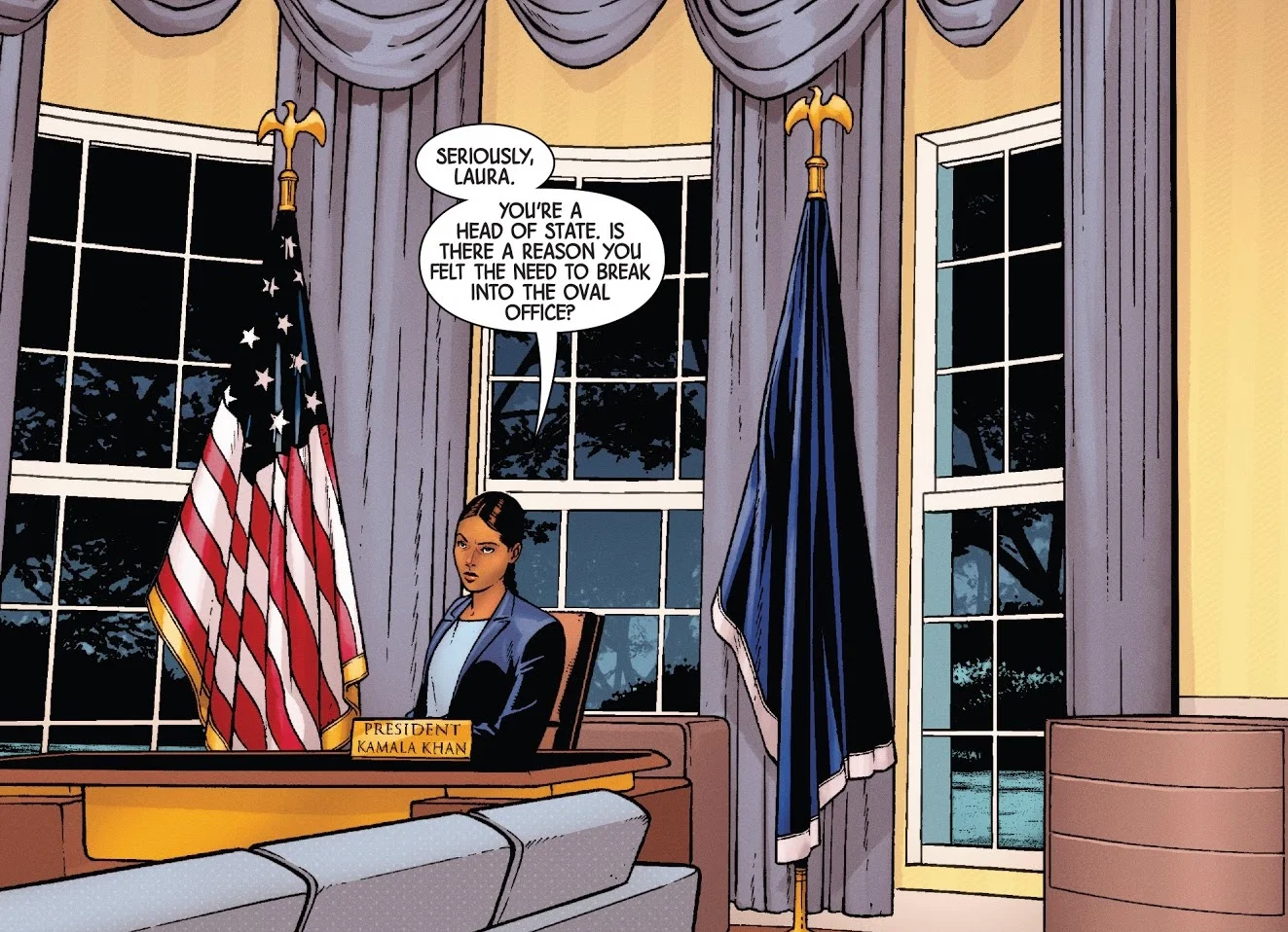 В будущем, которое показали в All-New Wolverine #33, Камала Хан стала президентом.