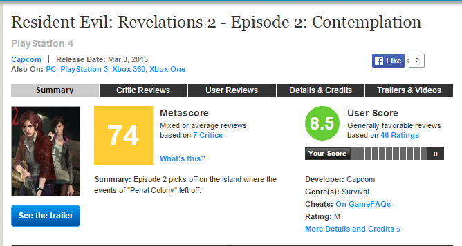 Оценки Resident Evil: Revelations 2 - Episode 2: Contemplation. - Изображение 1 Оценки Resident Evil: Revelations 2 - Episode 2: Contemplation. - Изображение 1